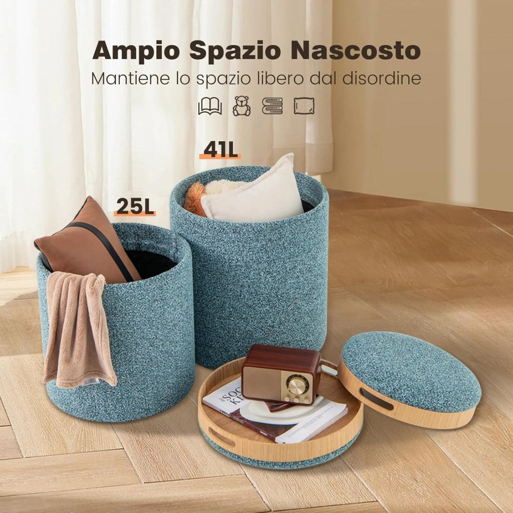 Set di 2 Pouf Contenitore, Pouf Rotondi Imbottiti da 41L+25L, con Vassoio Reversibile, Sgabello Contenitore Multifunzionale per Soggiorno, Camera da Letto, Portata 160 kg