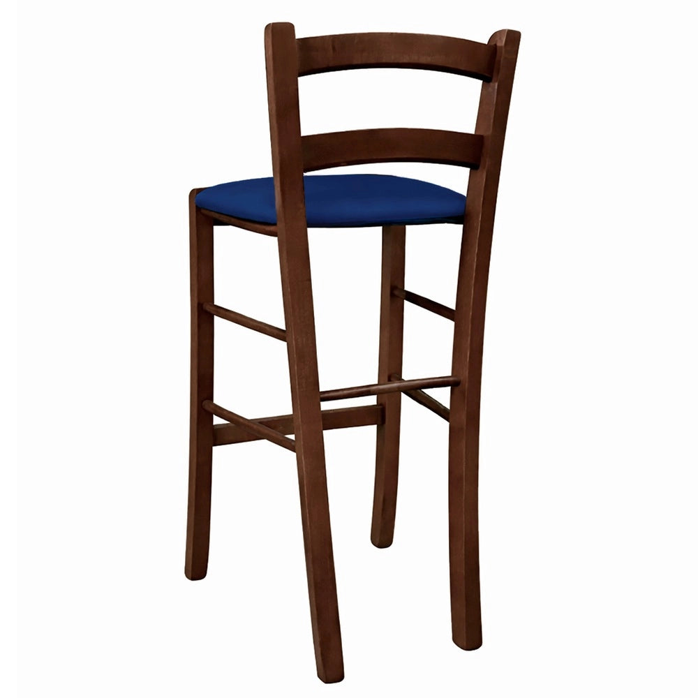 Sgabello in legno noce scuro h 67 cm con seduta imbottita in similpelle blu