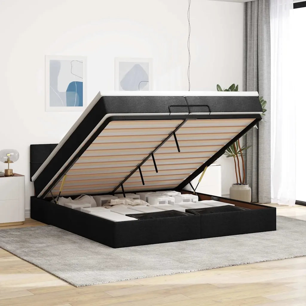 Struttura Letto Pouf con Materassi Nero 200x200 cm in Tessuto
