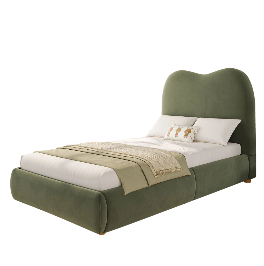 Letto singolo imbottito 90x200 cm con contenitore e rete a doghe; velluto verde