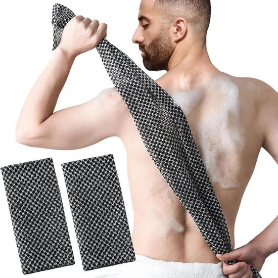 Pacco da 2 pezzi Loofah nero - Spazzola per il corpo - Spazzola per il pavimento - Asciugamano esfoliante extra lungo per doccia - Spazzola esfoliante per pavimento - Spazzola esfoliante per pavimento per lo sciacquio