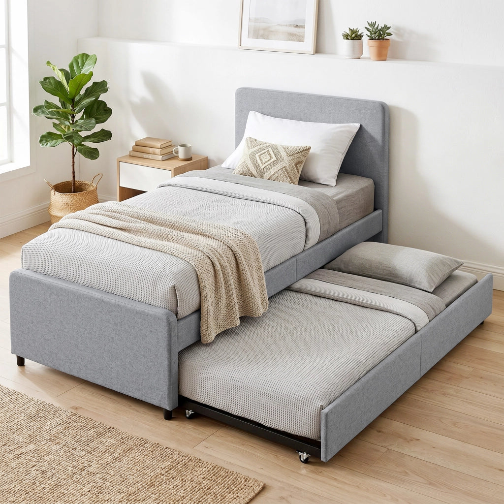 Letto estraibile con rete a doghe 90x190 cm ¨C Xylo ¨C Testiera imbottita grigio chiaro