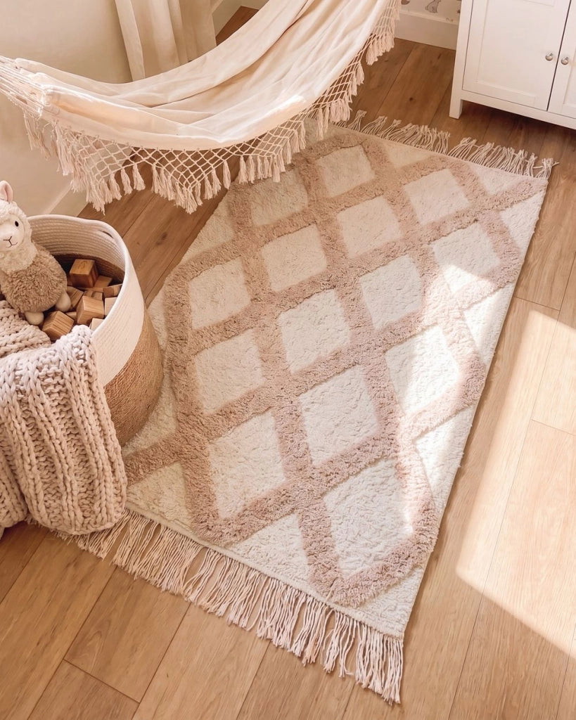 Tappeto Beige Cotone 60 x 90 cm Motivo decorativo geometrico Stile Boho Soggiorno Bambini Stanza dei bambini