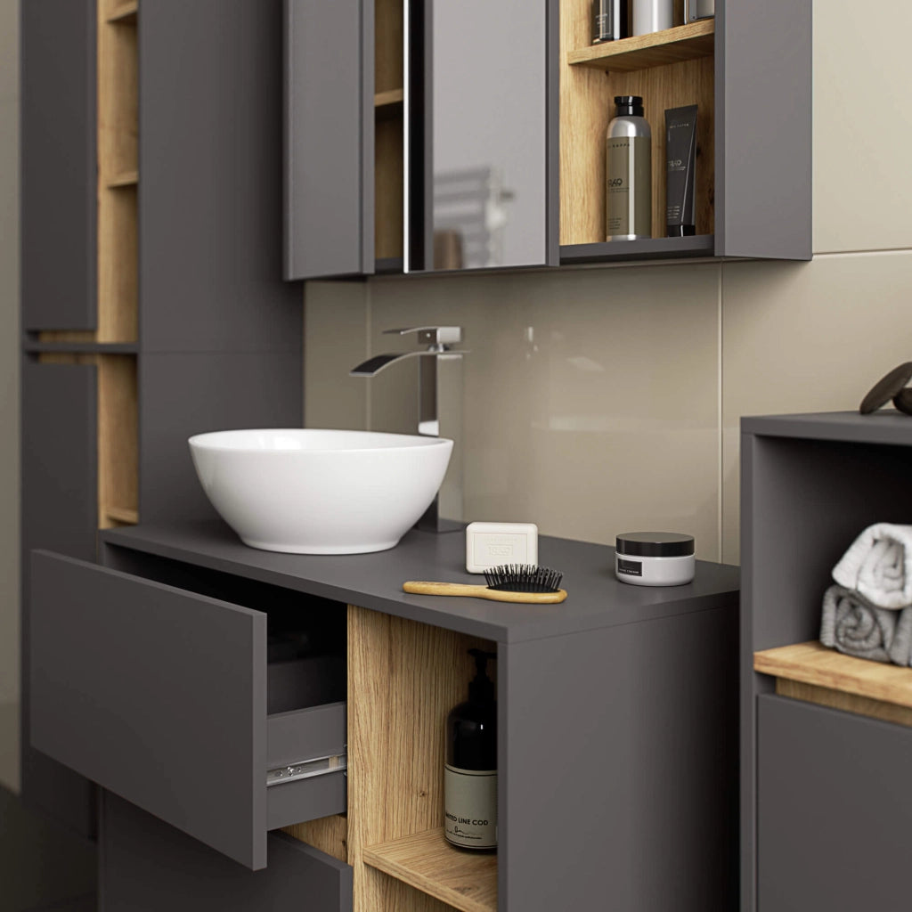 Pensile bagno con specchio VAMI Grigio Grafite, Rovere Artisan 90 cm 2 ante 90x15x75 cm