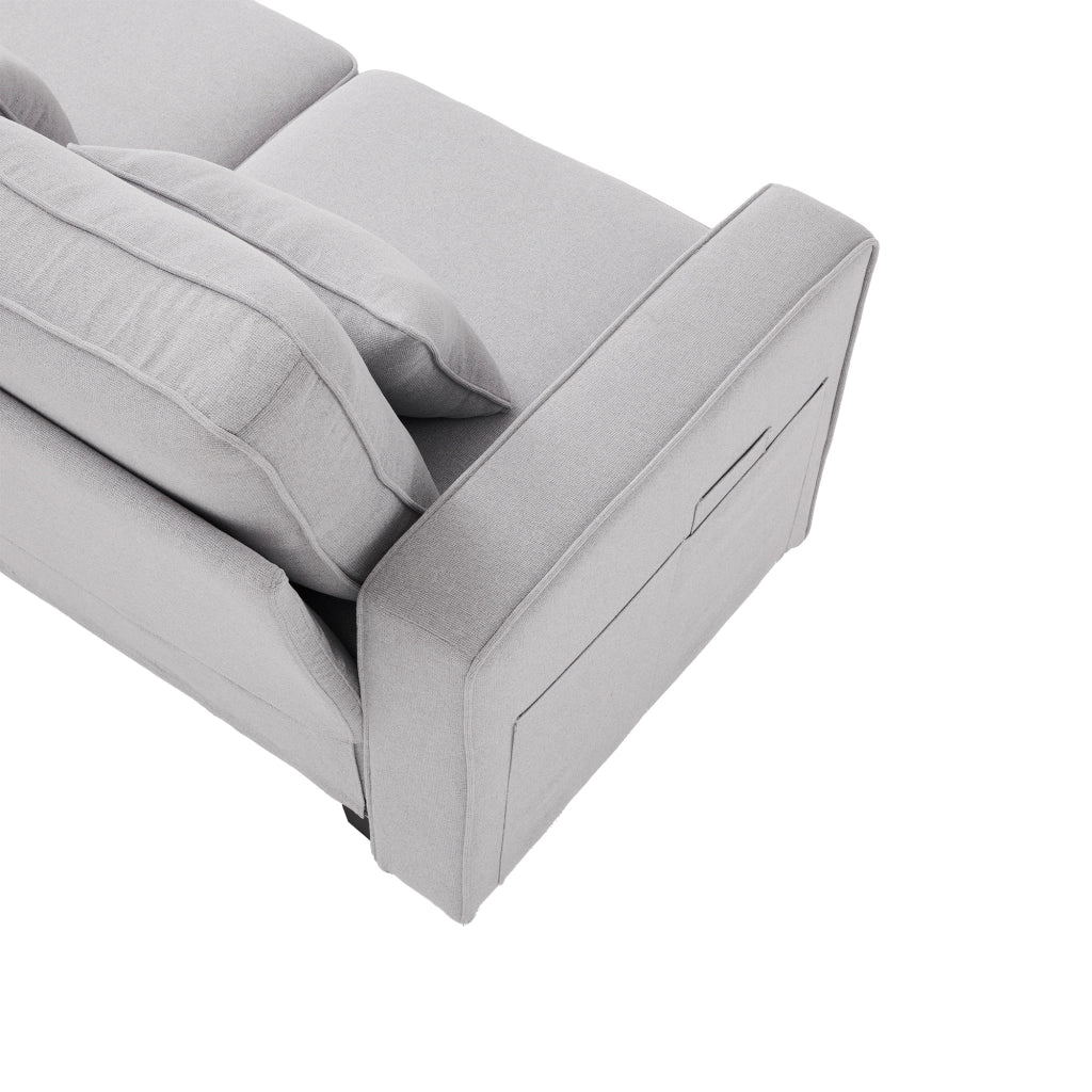 Divano Lineare 4 Posti con USB, Consolle, 2 Portabicchieri e Tasche Laterali, in Lino Grigio 290 × 83 × 88 cm