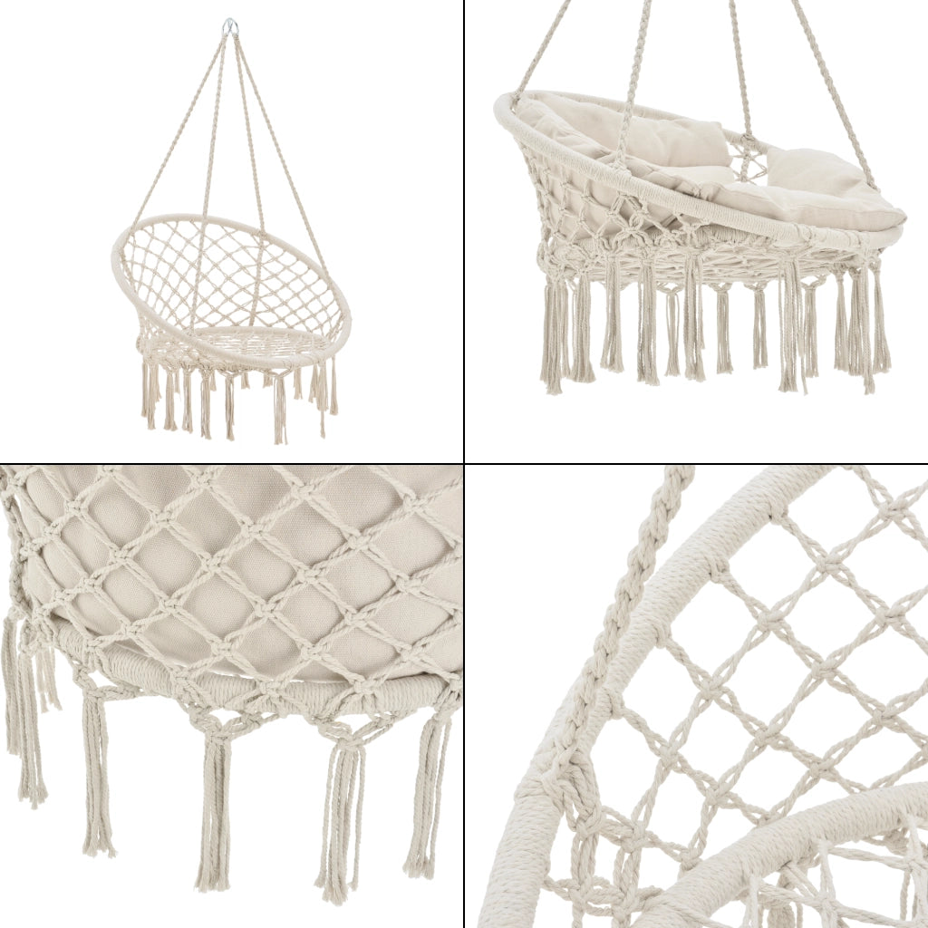Poltrona Sospesa con Cuscini Altezza Completa di Sostegno 135 cm Altalena Relax Poltrona Appendibile per Interno / Esterno - Supporto Fino a 150 kg - Color Crema