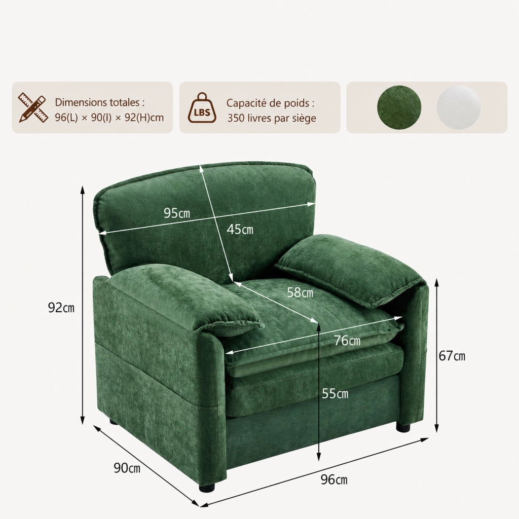 Canapé droit con tasche laterali e seduta imbottita per soggiorno balcone e studio in velluto chenille verde scuro