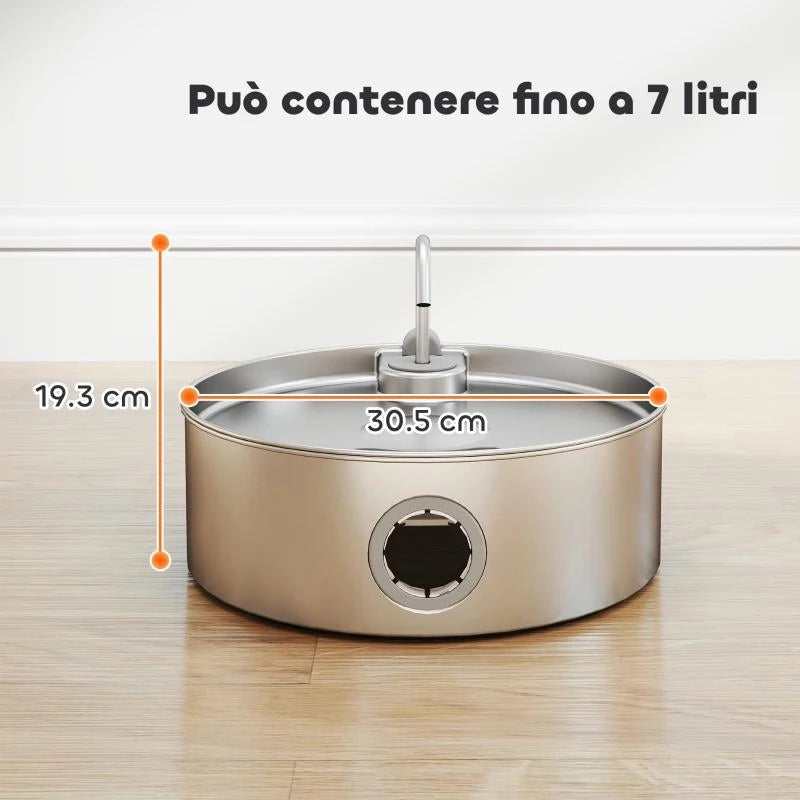 FONTANELLA PER GATTO 7L CON LUCE LED E TRIPLA FILTRAZIONE, IN ACCIAIO INOX 304, 30.5X31.2X19.3 CM, ARGENTO