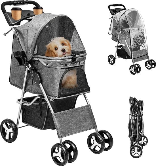 Carriolo per animali, 15 kg, carrello per trasporto animali, con contenitore, pieghevole, trasportabile, per animali domestici, grigio