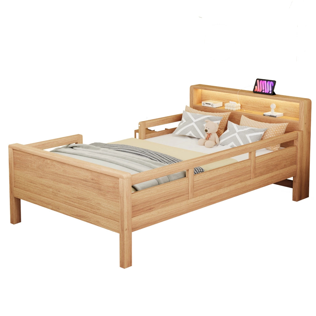 LETTO Bambini 90x200 cm in legno di pino naturale con LED e presa USB/Type-C