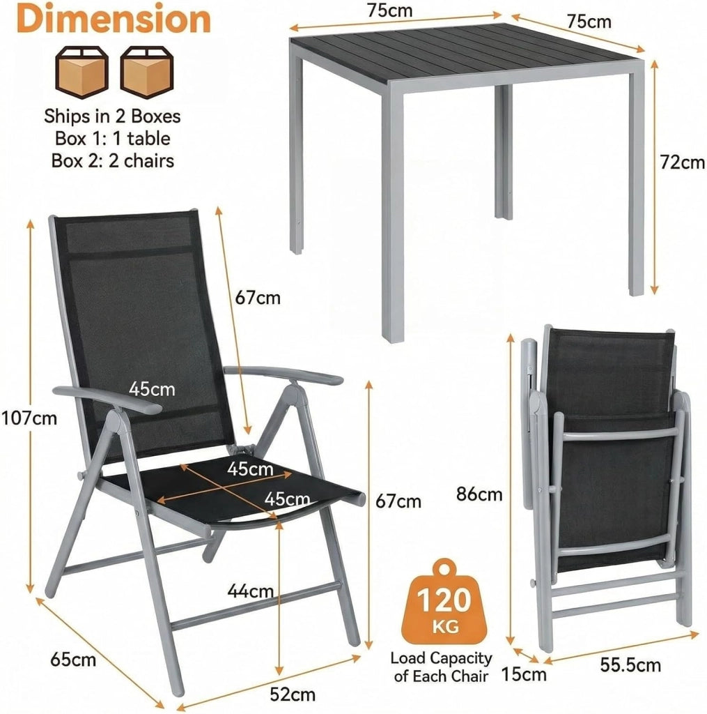Set Giardino Esterno 3 Pezzis, Aluminium Tavolo da Giardino con Sedie, Tavolo e Sedie da Balcone, 2 Sedie Pieghevoli e Tavolino 75x75 cm, Salottino da Giardino Esterno 2 Posti, Grigio argento