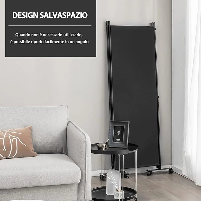 Paravento da Interno in Metallo, Separé Divisorio Interno Pieghevole con Piedini Stabili, Pannelli Divisori per Interni per Casa e Ufficio (Nero, 225 x 173 cm (4 Pannelli con ruote))