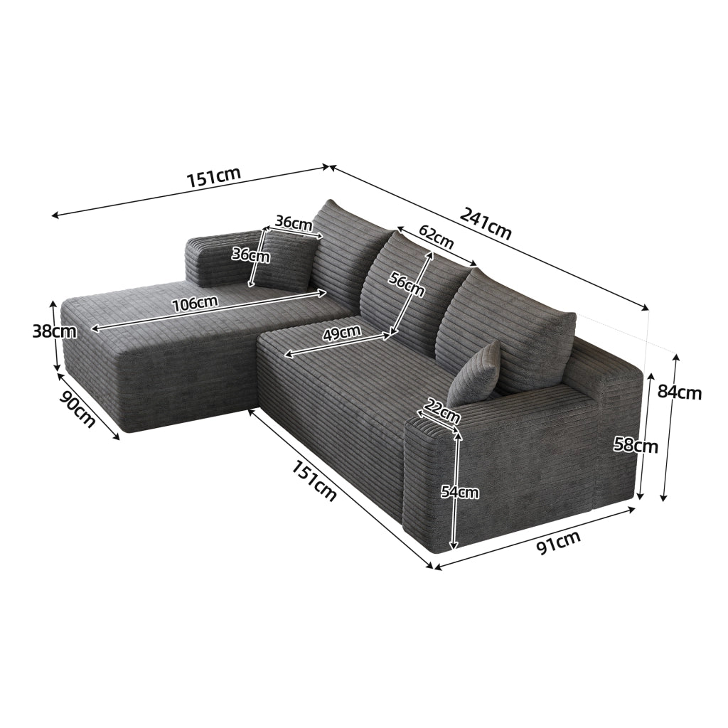 Divano 241x151x58 cm con schiuma ad alta elasticità in tessuto grigio scuro