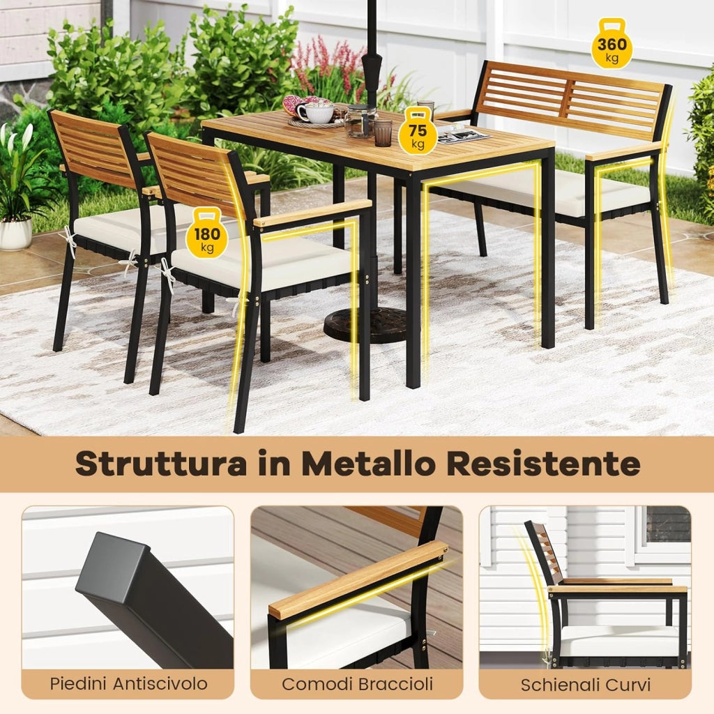 Set Pranzo da Giardino, Tavolo da Pranzo con 2 Sedie e Panca, Mobili da Esterno Ergonomiche Legno di Acacia con Foro per Ombrellone e Comodi Cuscini, per Bordo Piscina, Terrazza