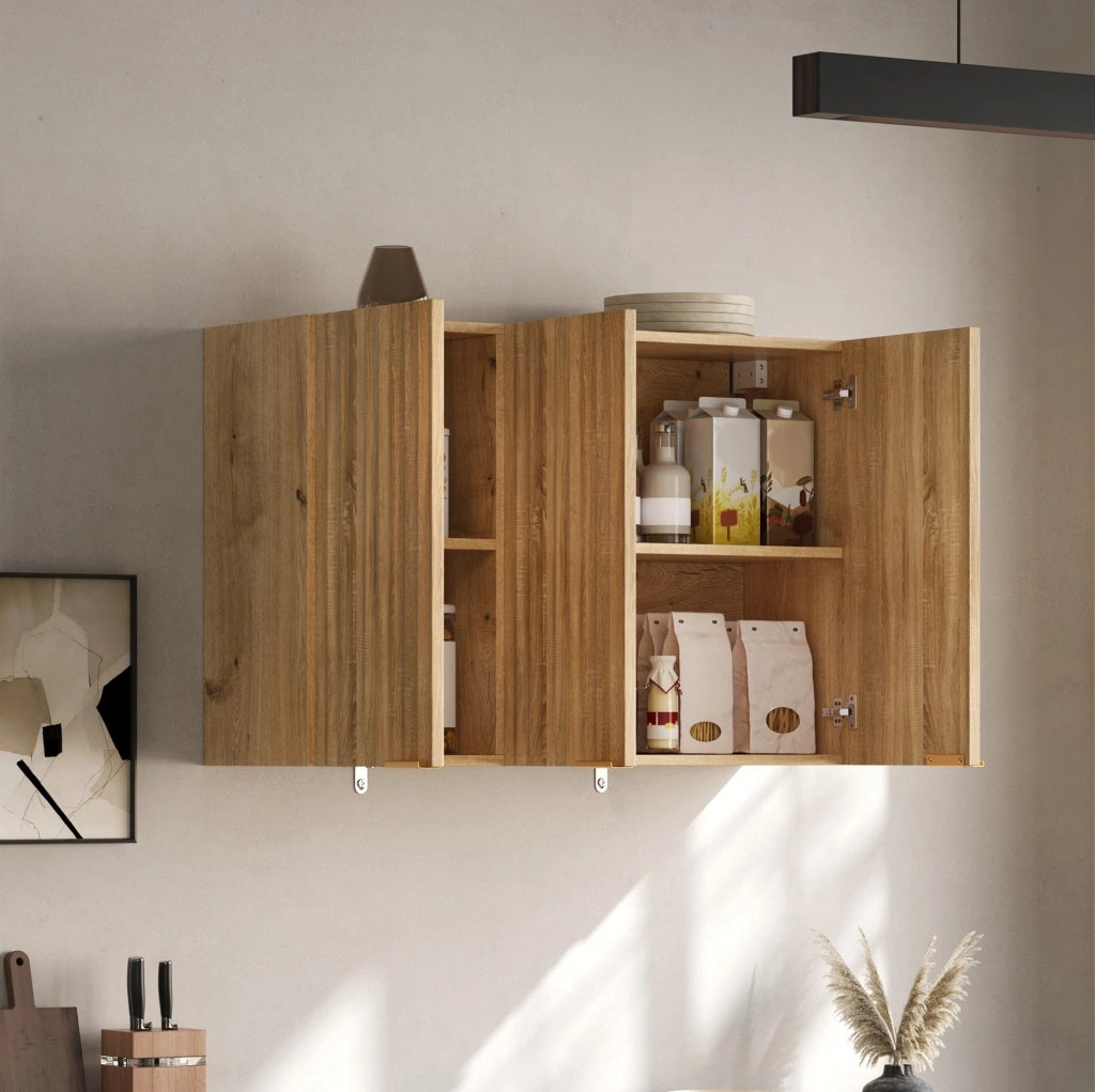 Pensile da parete a 3 ante 90 x 29 x 60 cm in MDF naturale; con maniglie dorate