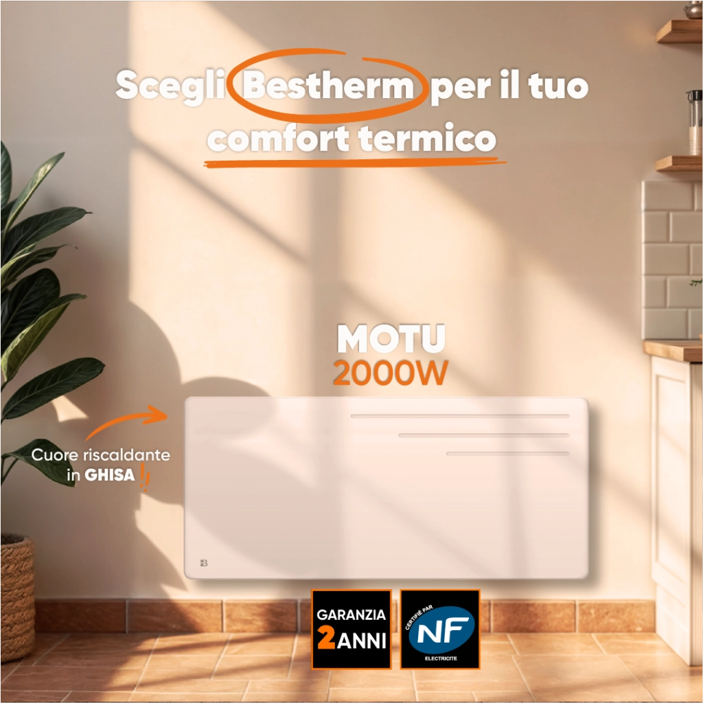 Radiatore elettrico fisso ad inerzia secca in ghisa 2000W MOTU orizzontale bianco