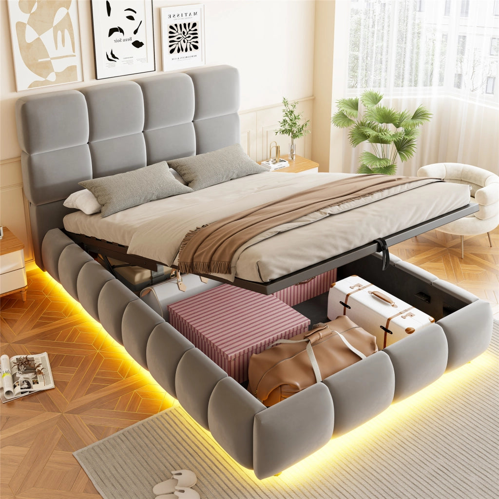Letto Contenitore 90 x 200 cm; Letto Singolo con LED Regolabile - Imbottito - Grigio