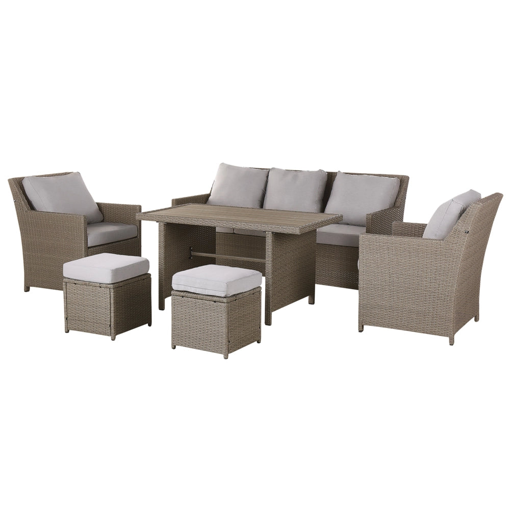 Set Divani Da Giardino Grigio Rattan Sintetico Cuscini Taupe Divano 5 Posti Tavolo Rettangolare 2 Poltrone 2 Pouf Set Da Pranzo All'aperto