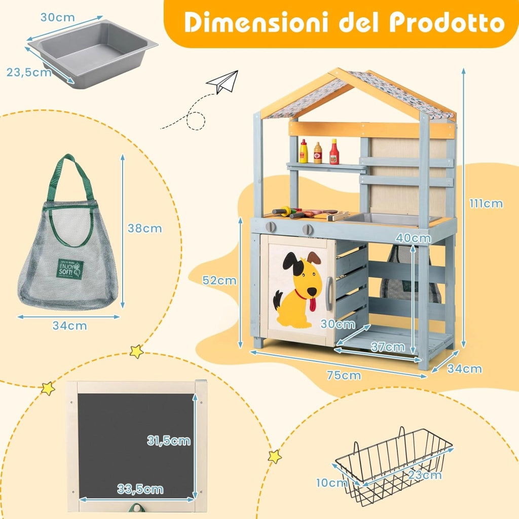 Cucina Giocattolo per Giardino con Negozio e Barbecue 3 in 1, Cucina per Bambini in Legno di Pino con Griglia, Lavagna, Cesti e Forno, Set Cucina con 12 Accessori, 75 x 34 x 111 cm