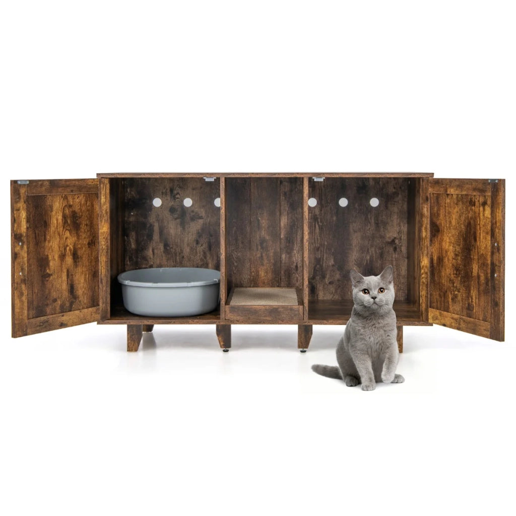 Lettiera per gatti 120 x 52 x 65 cm 2 scomparti integrati design elegante in MDF marrone rustico 20_0012644