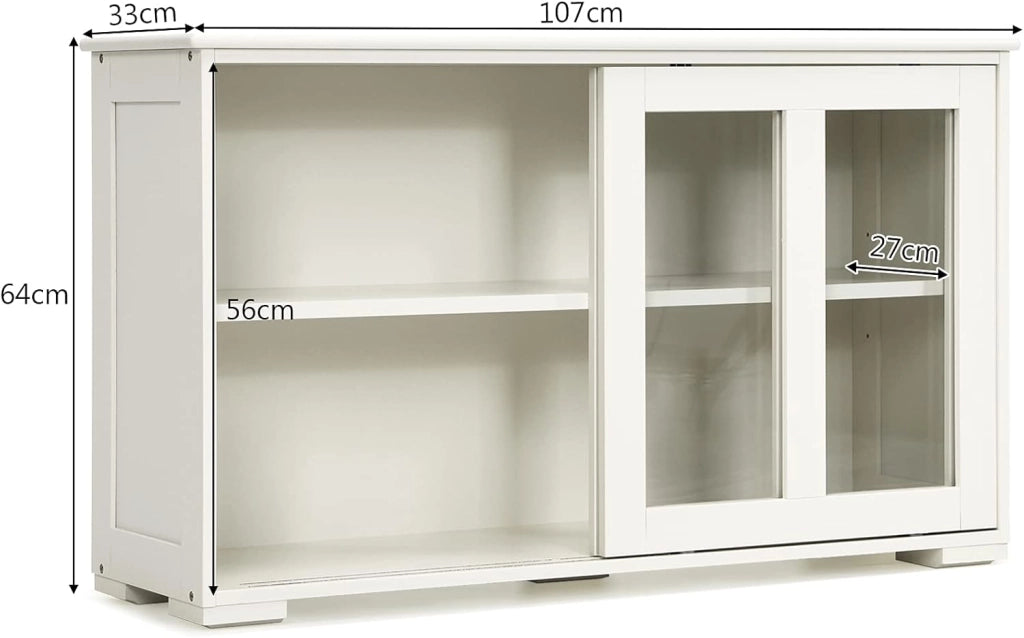 Credenza e Buffet Multiuso, a 3 Ripiani, Mensola Regolabile, 2 Ante Scorrevoli Trasparenti, Mobiletto Legno per Cucina, Soggiorno, Sala da Pranzo, 106,5x33x62,5 cm,Bianco Crema(Beige)