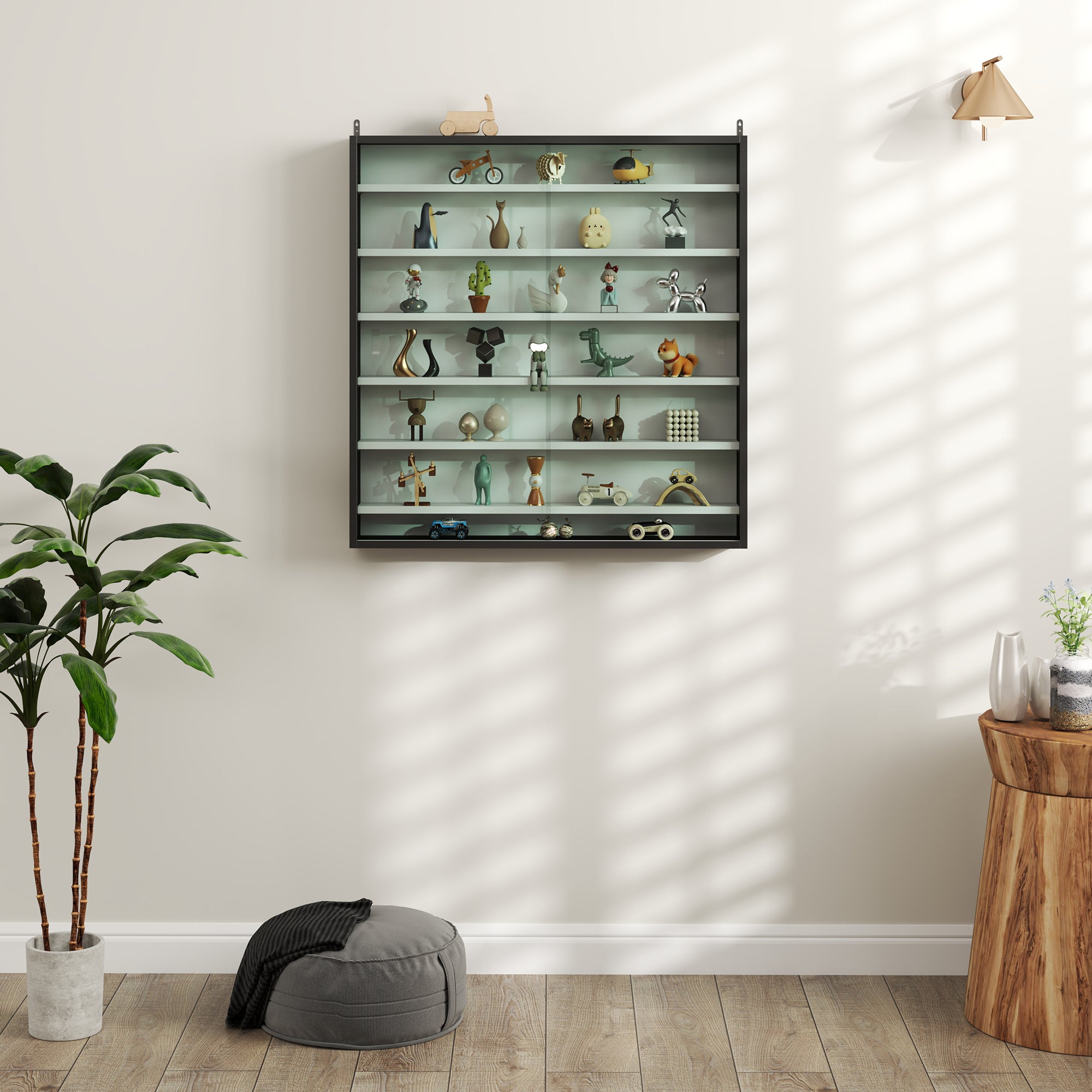 Bacheca Vetrina a Muro con 6 Ripiani Regolabili 80x9.5x83 cm in Legno Bianco e Nero