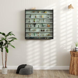 Bacheca Vetrina a Muro con 6 Ripiani Regolabili 80x9.5x83 cm in Legno Bianco e Nero