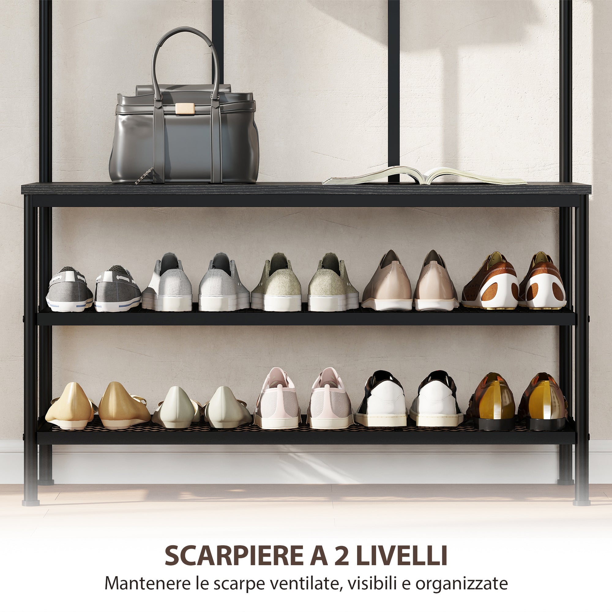 Mobile Ingresso Appendiabiti con Mensola e Scarpiera 91x36x180 cm Struttura in Metallo Nero