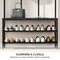 Mobile Ingresso Appendiabiti con Mensola e Scarpiera 91x36x180 cm Struttura in Metallo Nero