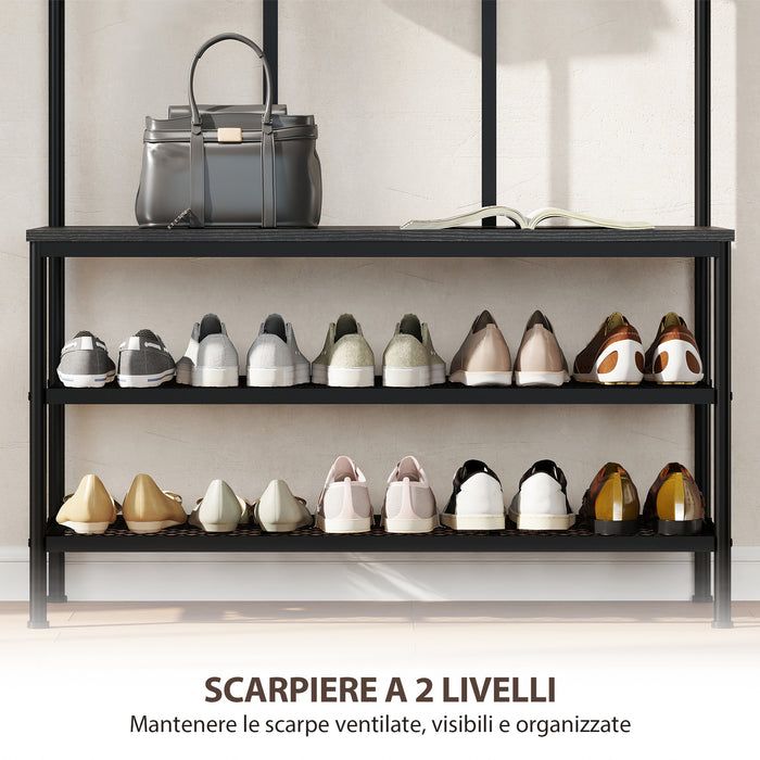 Mobile Ingresso Appendiabiti con Mensola e Scarpiera 91x36x180 cm Struttura in Metallo Nero