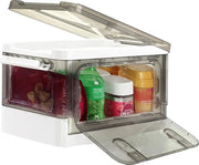 Scatole di archiviazione sovrapposte con coperchio, 14 l, maniglia pieghevole, organizzatore, contenitore con apertura frontale e ruote per cucina, bagno, organizzazione domestica, trasparente, grigio e bianco