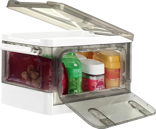 Scatole di archiviazione sovrapposte con coperchio, 14 l, maniglia pieghevole, organizzatore, contenitore con apertura frontale e ruote per cucina, bagno, organizzazione domestica, trasparente, grigio e bianco