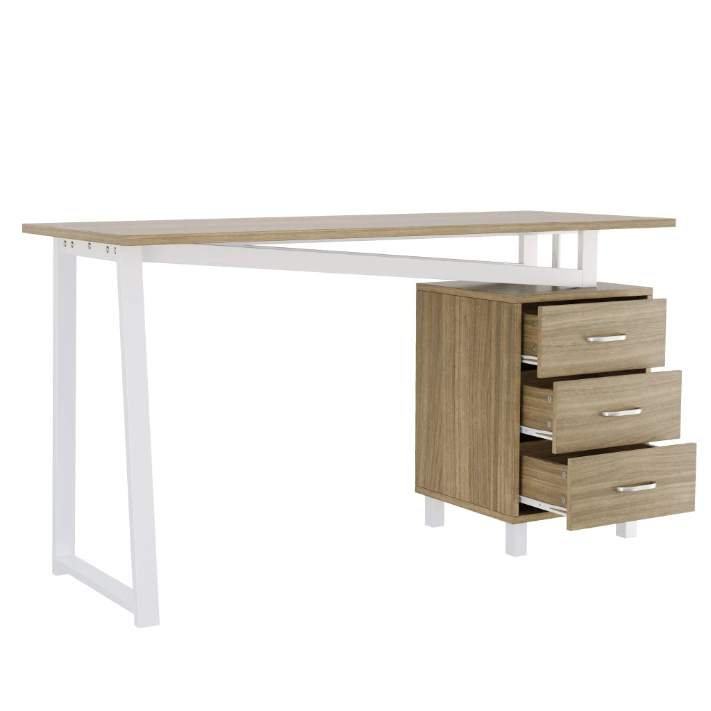 Scrivania con Cassetti e Ripiani in MDF ¨C MINIMAL ¨C Legno Naturale e Bianco 130x55x75