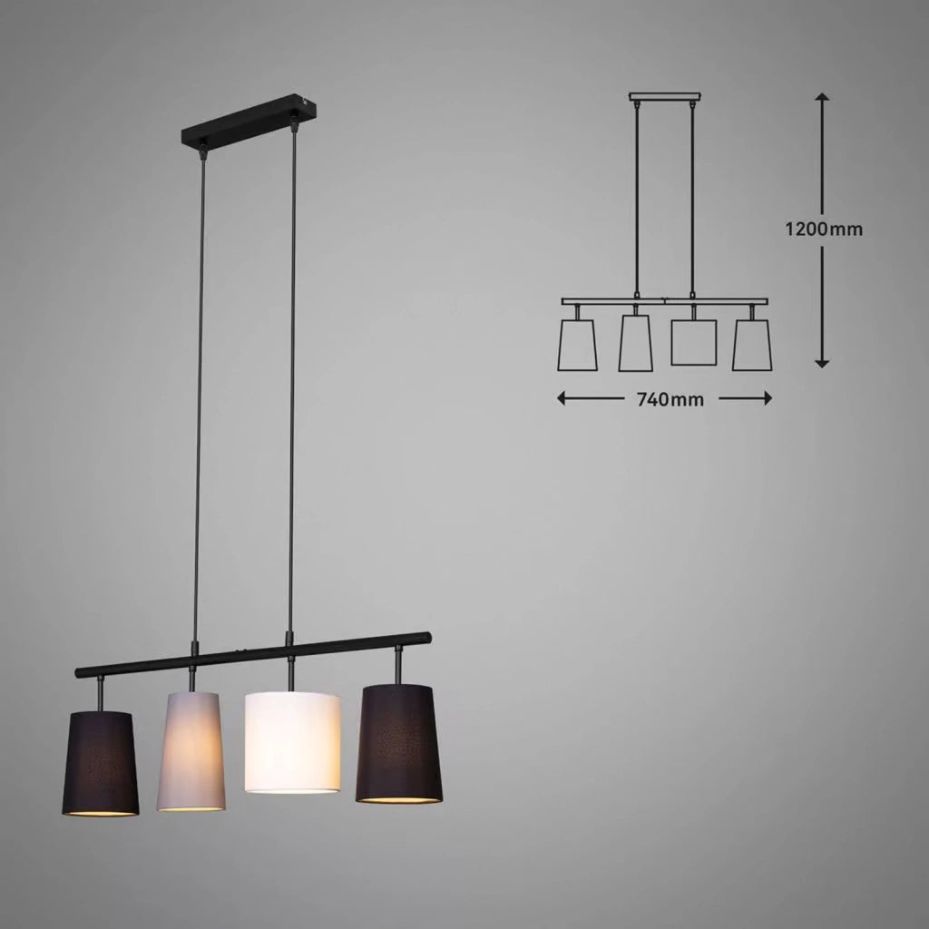 Lampadario Contemporaneo Textile Metallo Nero Paralume Tessuto 4 Luci E27