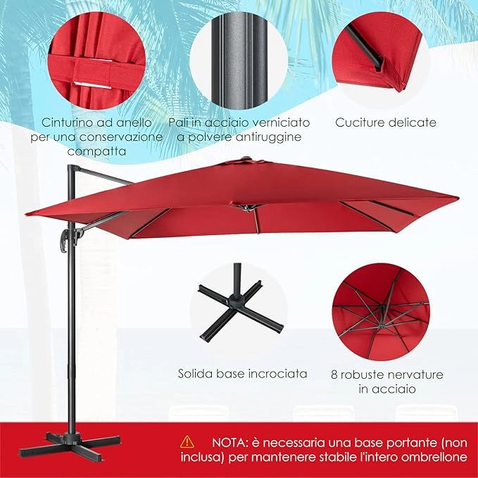 Ombrellone da Giardino, 300 x 300 cm, Ombrellone da Esterno con 3 Inclinazioni, Rotazione a 360°, Manovella, 8 Stecche, Base Incrociata (Vinaccia)