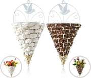 Due Pannelli per Fiori Pianta a Sospensione Vaso per Piante Appeso con Tessuto Sospensione Verticale di Ferro per Fiori Supporto per Fiori per Esterno Balcone Decorazione per Parete (bianco)