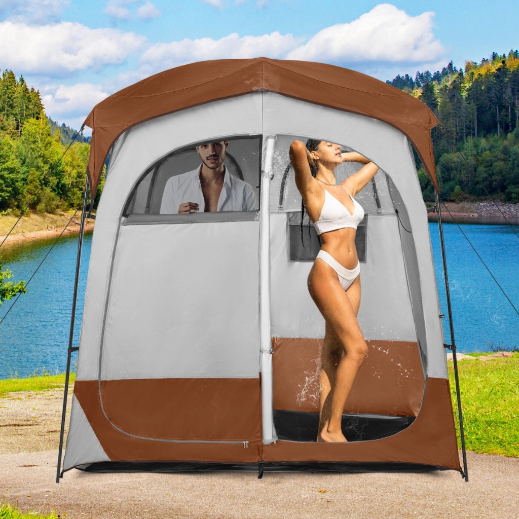 Tenda da doccia a 2 stanze con parapioggia rimovibile borsa per il trasporto, Tenda grande per la privacy Marrone-Tende