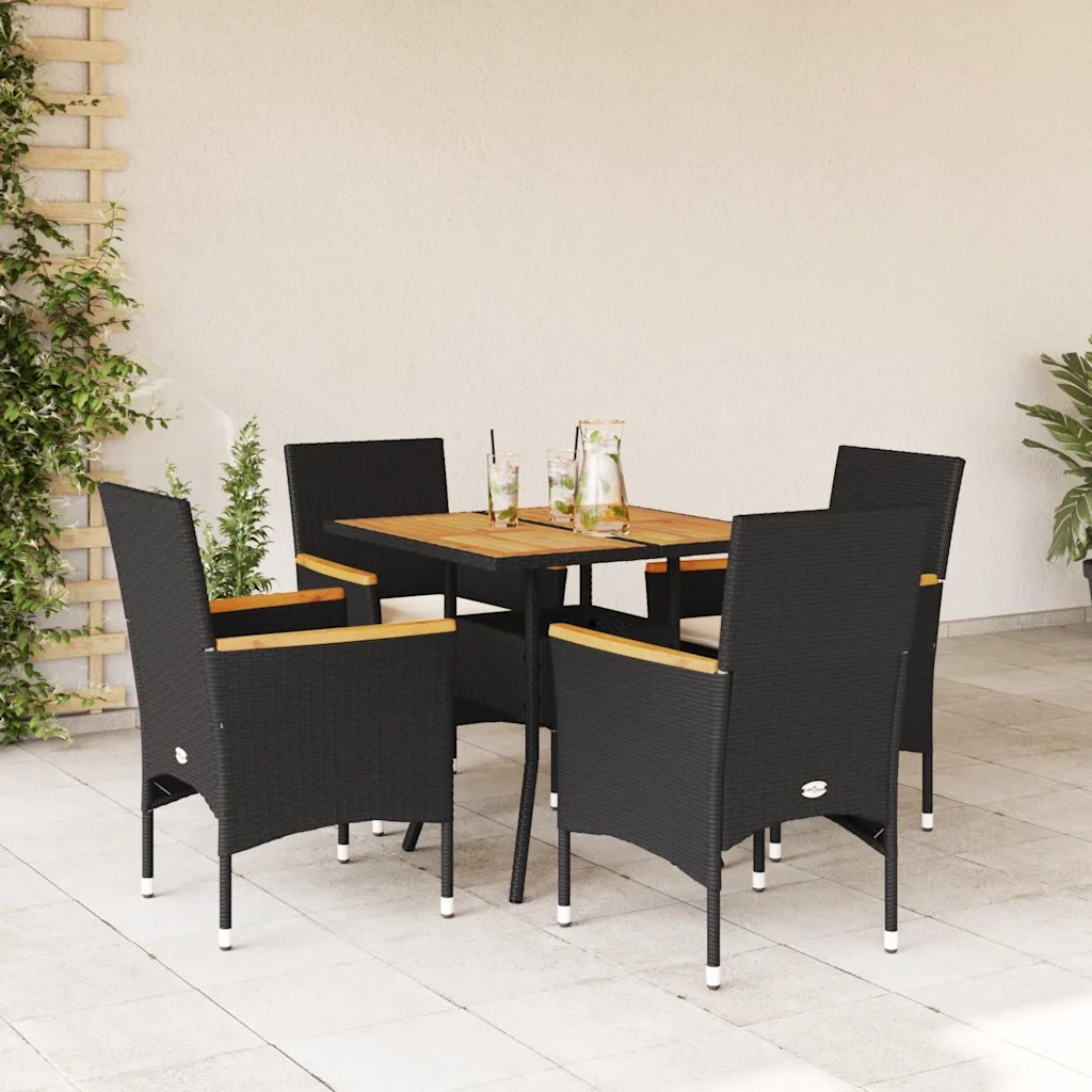 Set Pranzo da Giardino 5 pz | Set Salotto da Giardino con Cuscini Nero Polyrattan Acacia