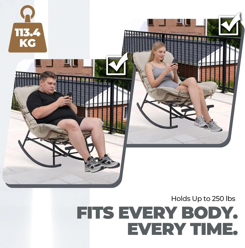 Sedia a dondolo, poltrona relax, struttura in acciaio, poggiapiedi estraibile, portata fino a 136 kg, per dormire, soggiorno, terrazza, giardino, beige