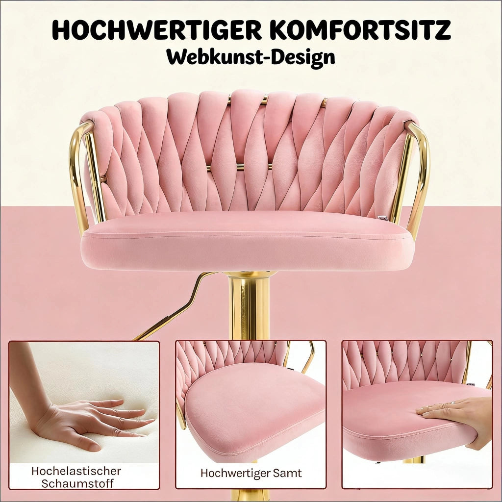Sgabello bar girevole in velluto rosa con schienale, braccioli e altezza regolabile 77-98 cm