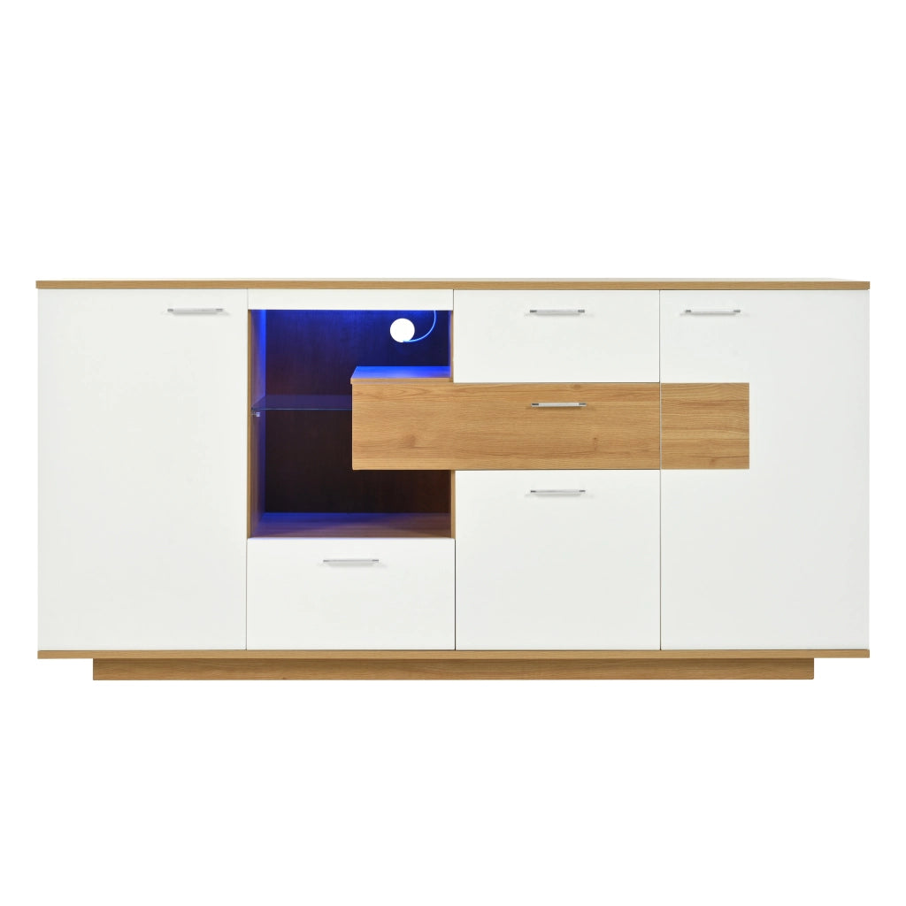 Credenza con 2 ante 4 cassetti LED e ripiani regolabili per soggiorno, in MDF, bianco e legno, 160 × 40 × 77 cm