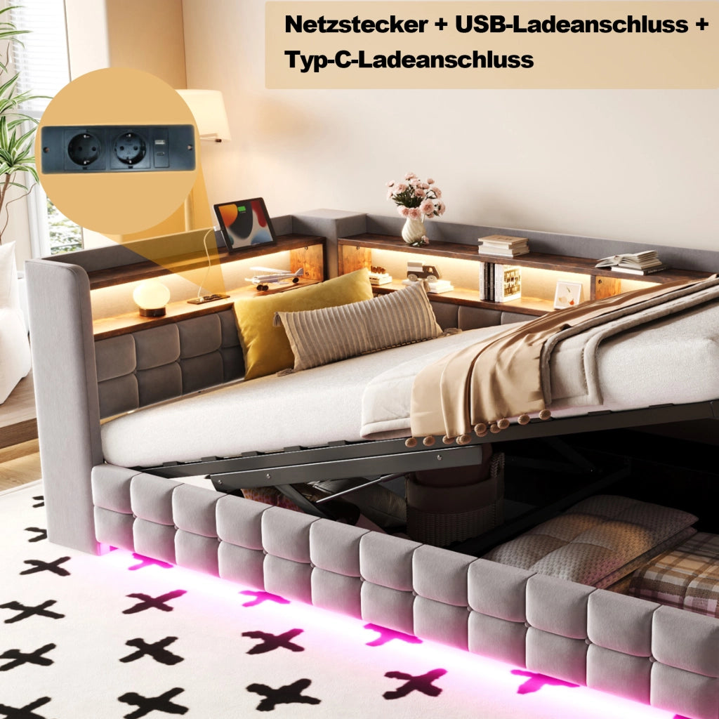 Letto singolo imbottito 90×200 cm con contenitore idraulico; LED; USB; Type-C e ripiani; senza materasso