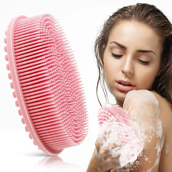 Badborstel in silicone, scrubber per il corpo morbido, spazzola esfoliante per la doccia, spazzola loofah, spazzola per il corpo e massaggi per la testa, 2-in-1 spazzola per capelli per donne, uomini e tutti i tipi di pelle (rosa)