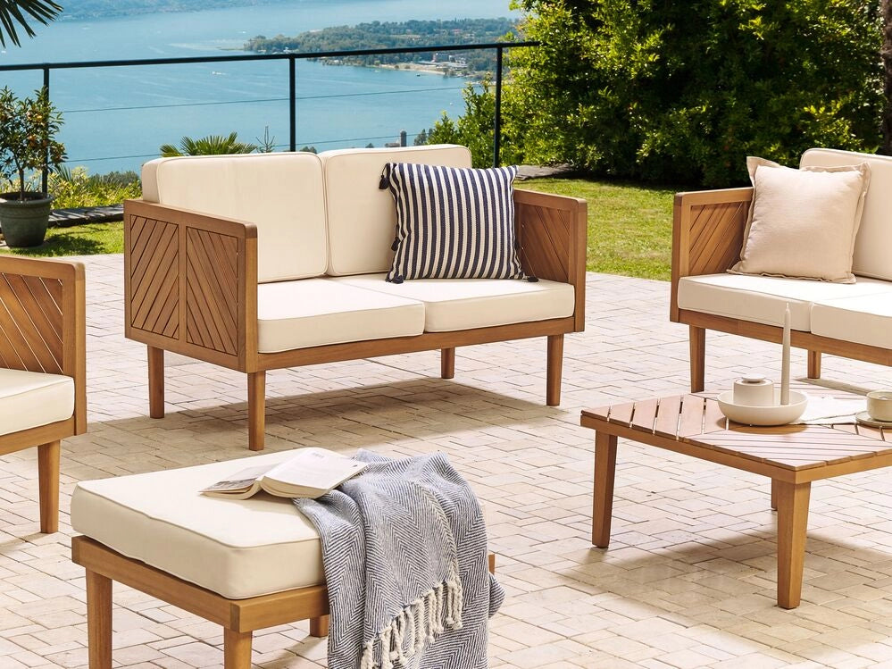 Divano da giardino in legno di acacia 76 cm beige chiaro cuscino da seduta con imbottitura a doghe design patio esterno stile moderno