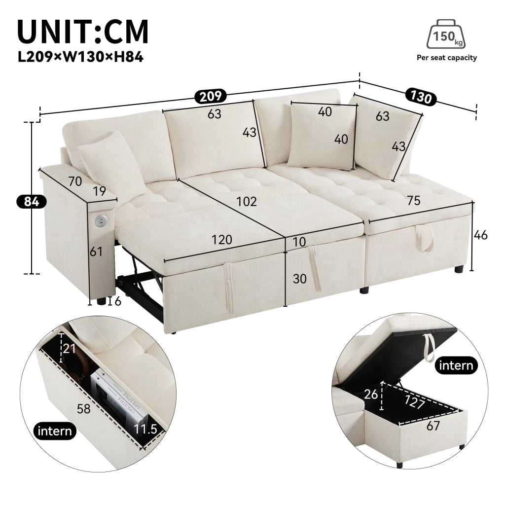DIVANO LETTO angolare destro 209x130 cm in Chenille Beige con contenitore e USB