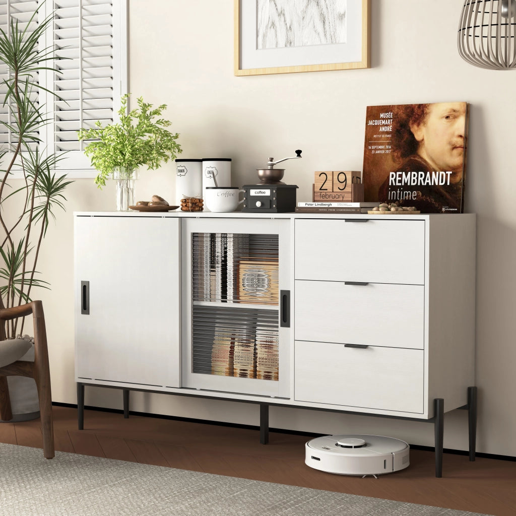 Credenza con 2 Ante in Vetro Cannel?? e 3 Cassetti; Stile Classico; in Pannello Truciolare; Bianco