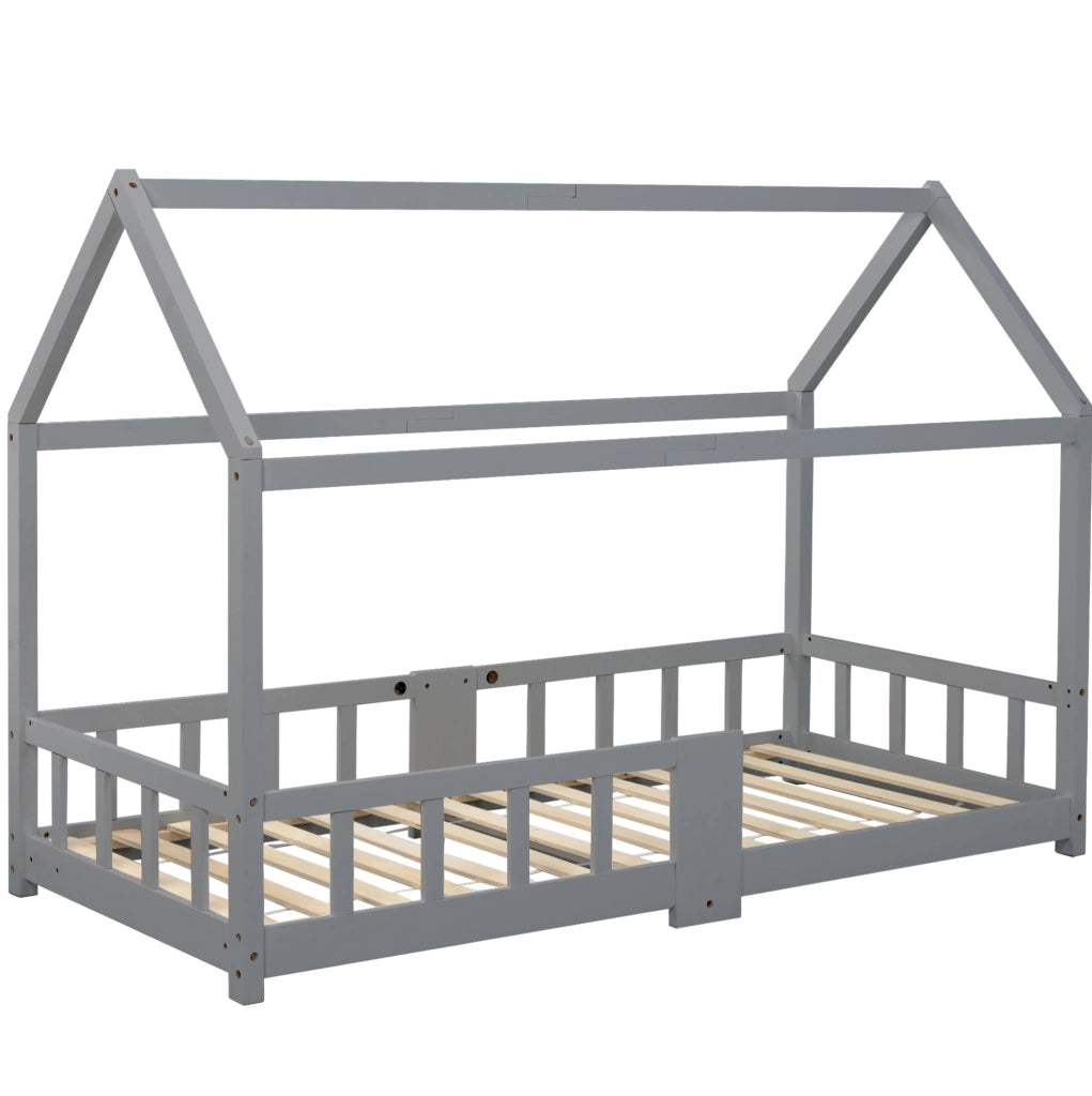 Letto a casetta per bambini 90x200 cm in legno di pino grigio; con lavagna e sponda anticaduta
