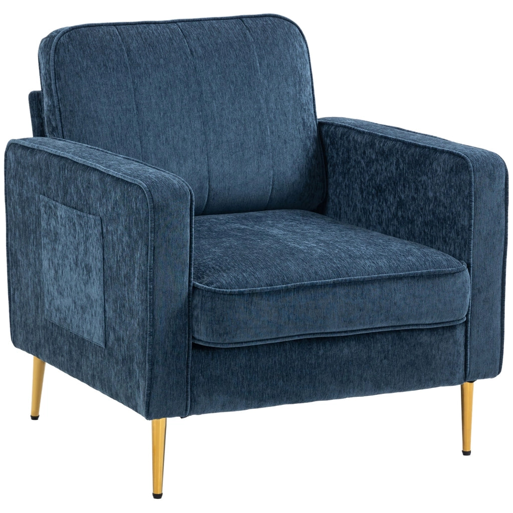 Poltrona da Salotto  con Gambe in Acciaio Dorate e Tasche Laterali 81x84x87 cm in Tessuto Blu
