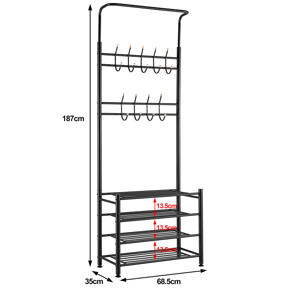 Stand Appendiabiti da Ingresso 9 Ganci con Scarpiera a 4 Ripiani in Metallo Nero