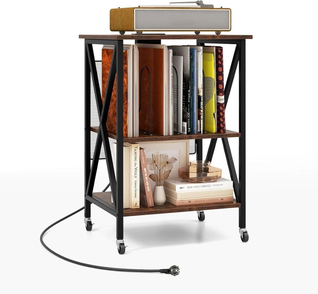 Supporto per Giradischi, Supporto per Giradischi in Vinile con Presa di Corrente e Porta USB, Ruote Bloccabili, 3 Livelli, per Soggiorno, Camera da Letto, 52 x 45 x 75 cm (Marrone)